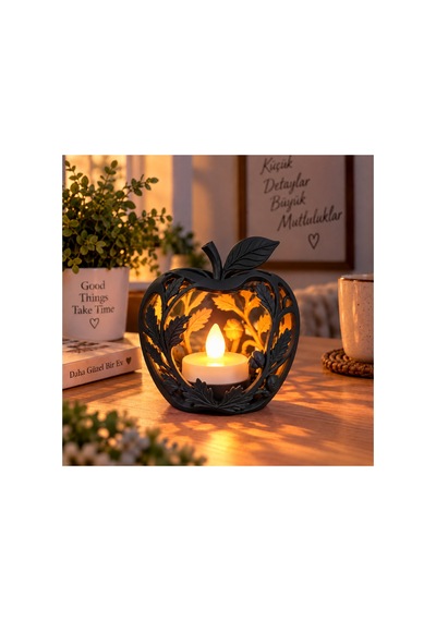 Elma Figürlü Dekoratif Mumluk Yaprak Desenli Tealight Mumluk, Dekoratif Led Mum Hediyeli - Siyah Açık