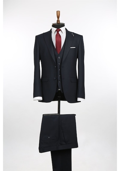 Jakamen Lacivert Slim Fit Yelekli Sivri Yaka Erkek Takım Elbise Lacivert