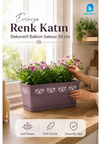 Desenli Dikdörtgen Balkon Saksısı 30x16,5x14,5 Cm Tabaklı Plastik Çiçek Saksısı Mürdüm