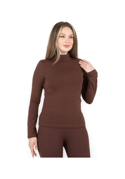 Sortie Collection Yarım Balıkçı Uzun Kol Likralı Basic Penye Bluz Kahverengi