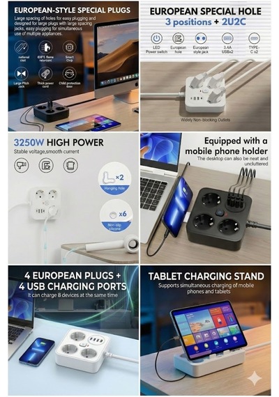 Akım Korumalı Avrupa Soket Kartı Tip-c Usb 2 M Uzatma Kablosu Emniyet Anahtarı İle