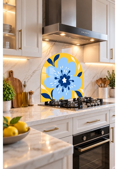 Gökçeoğlu Cam Ocak Arkası Koruyucu Cam Koruyucu Tezgah Ankastre Arkası Oval Şekilli Sarı Mavi Çiçek Temalı 52 X 60 Çok Renkli