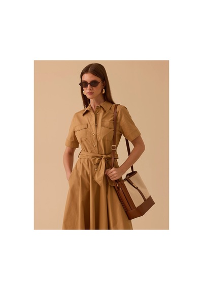 Seçil Kuşaklı Cepli Kısa Kollu Elbise Camel - 849850581 Camel