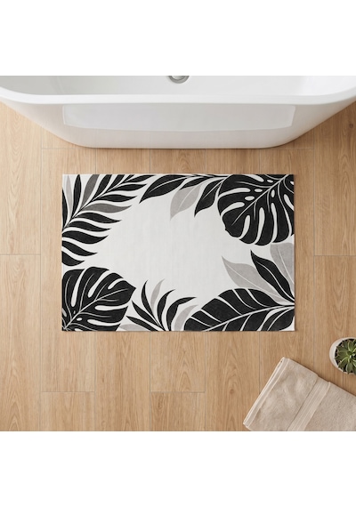 Kartela Halı Botanik Yaprak Desenli Banyo Paspası Siyah Beyaz Kaymaz Taban 60x90 Cm