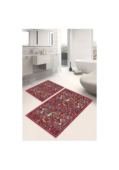 Modern Desenli Baskılı Kaymaz Taban 2li Set Banyo Paspası Klozet Takımı 50x60cm-60x100cm Kırmızı