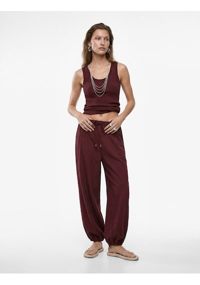 Koton Koton X Melis Ağazat - Modal Kumaş Cepli Çizgili Harem Pantolon Bordo 6sak40195pw