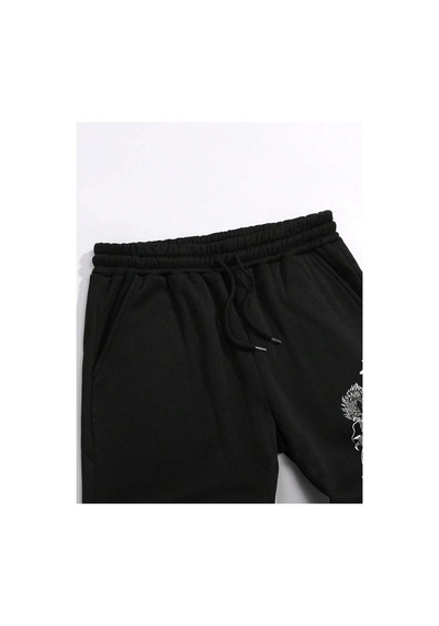 Tarzsokak Letter & Fire Print Drawstring Waist Eşofman Altı Siyah
