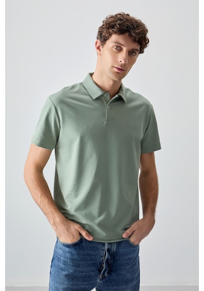 Açık Yeşil Pamuklu Kalın Yumuşak Dokulu Polo Yaka Oversize Fit Basic Erkek T-shirt - 88381 Camel