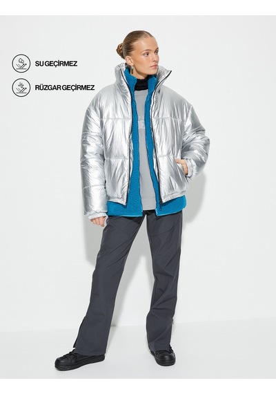 Koton Outdoor Mont Dik Yaka Metalik Fermuarlı Cepli Su İtici Gümüş 4wak00349ew Gümüş