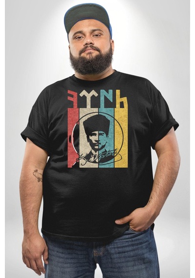 Angemiel Atatürk İmzalı Türk Logo Siyah Büyük Beden Erkek Kadın Unisex Basic Ön Baskılı Tişört Siyah