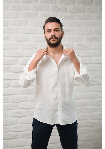 Regular Fit Yaka Düğmeli Yazlık Modal Kumaş Erkek Gömlek Beyaz