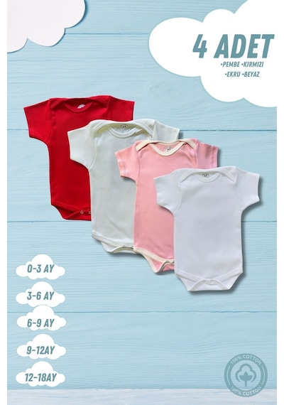 Betül Bebek Kısa Kollu 4'lü Organik Pamuk Çıtçıtlı Bebek Body & Zıbın Kırmızı,ekru,pembe,beyaz Çok Renkli