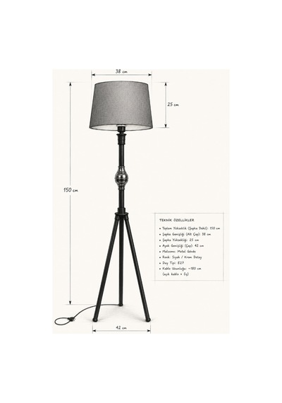 Enderun Tripod Metal Ayaklı Lambader Siyah Hazır Başlık Köşe Lambası Salon Aydınlatması