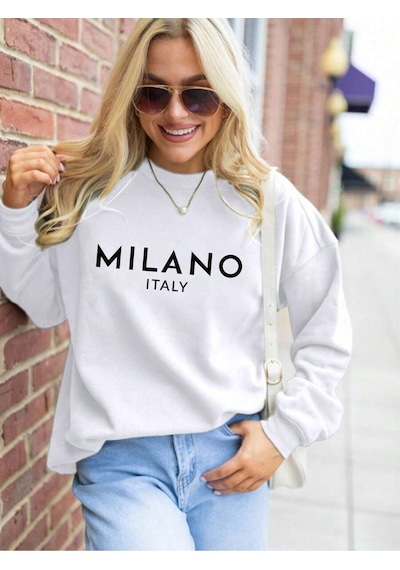 Uyguntarz Milano Baskılı Oversize Sweatshirt beyaz