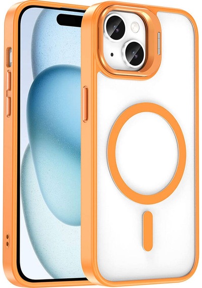 Apple Uyumlu iPhone 15 Kılıf M-safe Şarj Özellikli Standlı Zore M-safe Klon Lensli Kapak Turuncu
