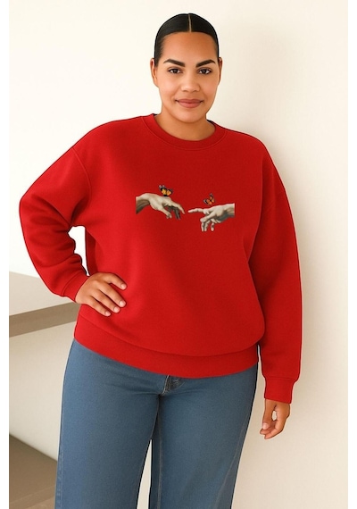 Benroma 3 İplik Penye El Parmak Baskılı Büyük Beden Unisex Sweatshırt Kırmızı