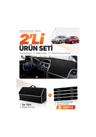 Renault Megane 2 Küçük Ekranlı 2002-2009 Uyumlu Torpido Örtüsü + Tay Tüyü Çanta Seti - Siyah Gri