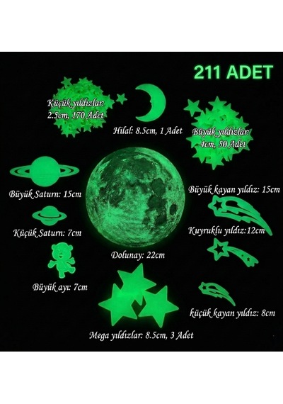 Merty Avm Fosforlu Yıldız Sticker 211 Adetli Galaksi Seti Karanlıkta Parlayan Yıldızlar Çocuk Odası Duvar Tavan Süsü Stc-211