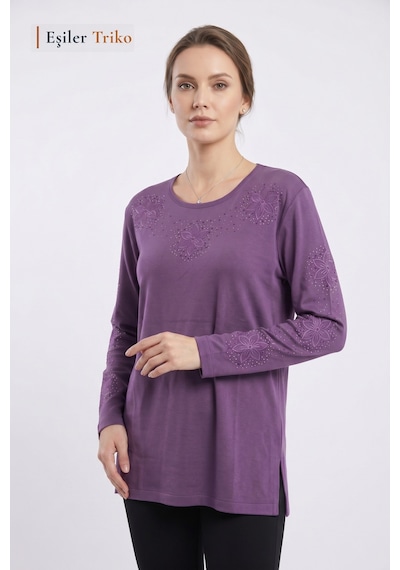 Eşiler Triko Kadın Violet Zambak Desen Yaka Ve Kol Işlemeli, Taşlı Anne Penye Bluz