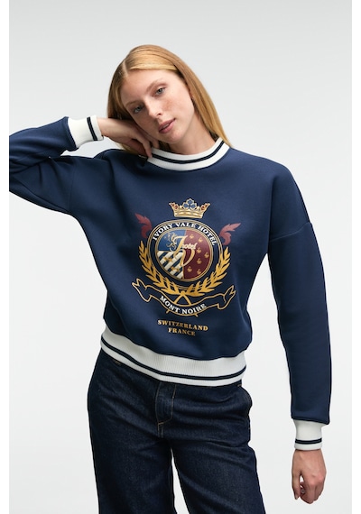 Grımelange VALLUNE Kadın Kontrast Triko Etek Ucu Manşet Ve Yakalı Nakış Crop Lacivert Sweatshirt