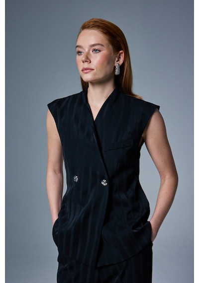 Sateen Anna Çizgili Yelek - Siyah-137101 Siyah