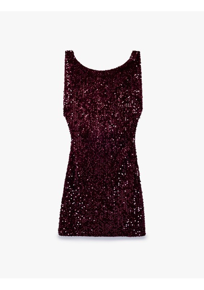 Koton Payetli Slim Fit Bisiklet Yaka Kolsuz Sırt Detaylı Mini Abiye Elbise Bordo 7wak80096fk