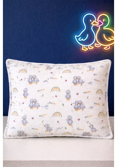 More Home Müslin Bebek Yastık Kılıfı Kapaklı 35x45 Ördek Gök Kuşağı Gri Krem