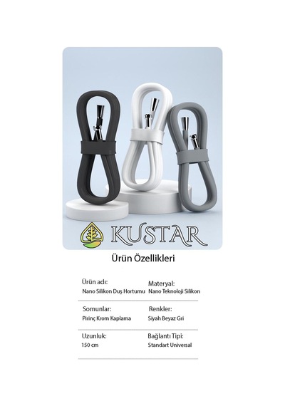 Kustar Nano Silikon Patlamaz Yırtılmaz Ezilmez Duş Hortumu 150 Cm Gri Banyo Duş Hortumu Krom