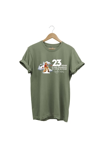 23 Nisan Çocuk Bayramı Mustafa Kemal Atatürk Baskılı %100 Pamuk Regular Fit Bisiklet Yaka T-shirt Haki