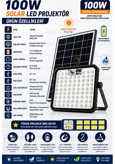 100w Solar Led Projektör Usb Powerbank Özellikli Şarjlı Kamp Lambası Ip65 Su Geçirmez Bahçe Ve Acil