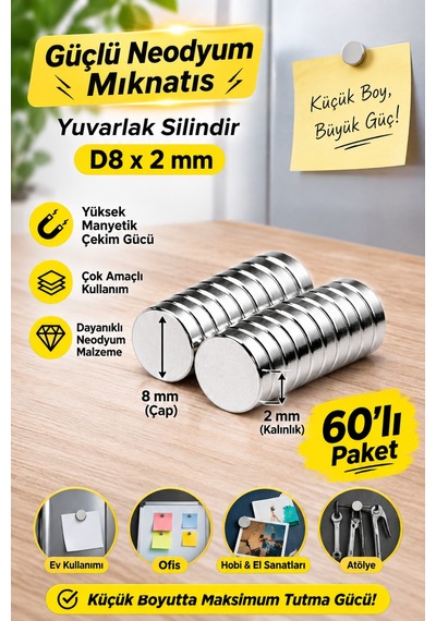 60 Adet D8x2 Mm Güçlü Neodyum Mıknatıs Yuvarlak Silindir N35 Magnet