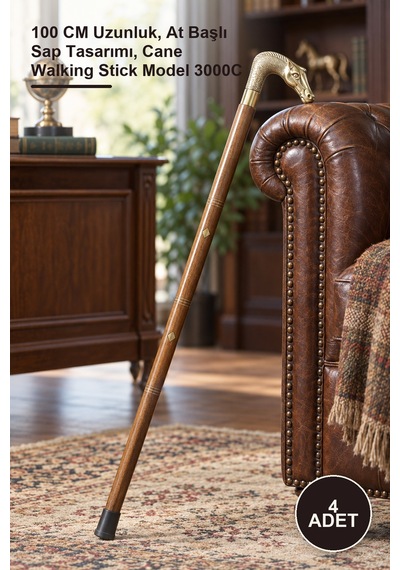 4 Adet Pirinç At Büstü Baston 100 Cm Uzunluk, At Başlı Sap Tasarımı, Cane Walking Stick Model 3000c