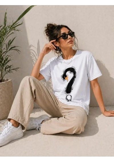 Efnaz Style Kuğu Figürlü Soru İşareti Baskılı Tişört Kısa Kol T-shirt - Beyaz