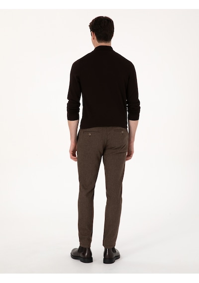 Cacharel Kahverengi Slim Fit Yün Karışımlı Balık Sırtı Kanvas Pantolon