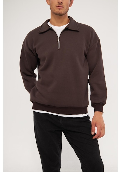 Ghassy Co. Erkek Polo Yaka Oversize Yarım Fermuarlı Sweatshirt Kahve