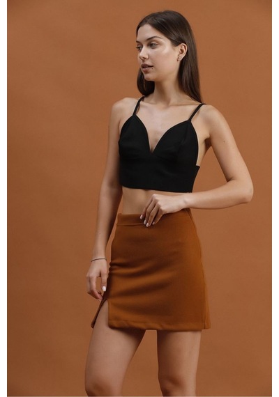 Verymoda Yırtmaç Detaylı Mini Etek F1351 Kahve