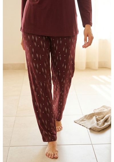 Mataş Kadın Pamuklu Uzun Kollu Üç Düğmeli Biyeli Soft Örme Yumuşak Pijama Takımı Bordo