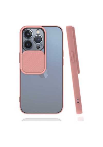 Noktaks - Apple Uyumlu iPhone   13 Pro - Kılıf   Slayt Sürgülü Arkası Buzlu Lensi Kapak - Pembe Açık