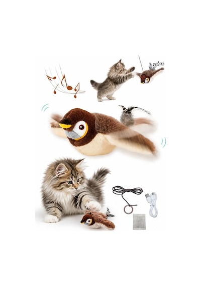 Mucit Home Usb Şarjlı Uçan Kuş Kedi Oyuncağı Sesli & Hareketli Peluş Kedi Oyuncağı Kutulu