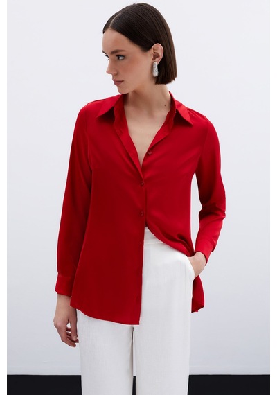 Sateen Oversize Saten Gömlek - Kırmızı