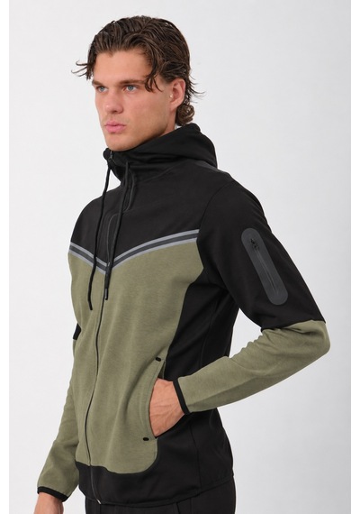Dechers Erkek Siyah Tech Fleece Double Face Kapüşonlu Fermuarlı Eşofman Takımı - E228 Haki