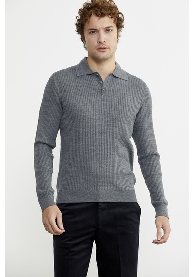 Sementa Polo Yaka Fitilli Triko Kazak - Füme 001