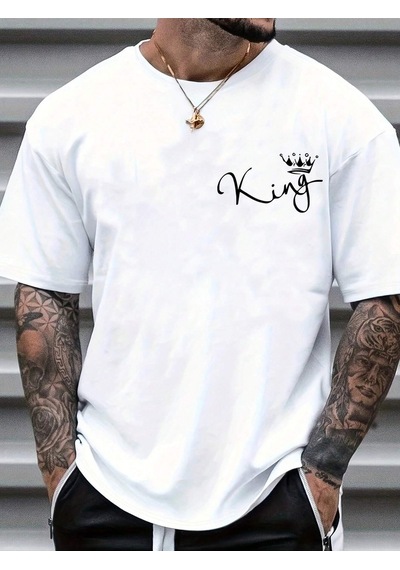 King Logo T-shirt - Beyaz Baskılı Oversize Bisiklet Yaka Kısa Kol Tişört Beyaz