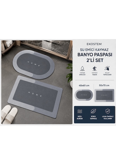 Ekostem 2'li Su Emici Kaymaz Banyo Paspası Seti 40x60 + 50x70 Cm Yıkanabilir Gri