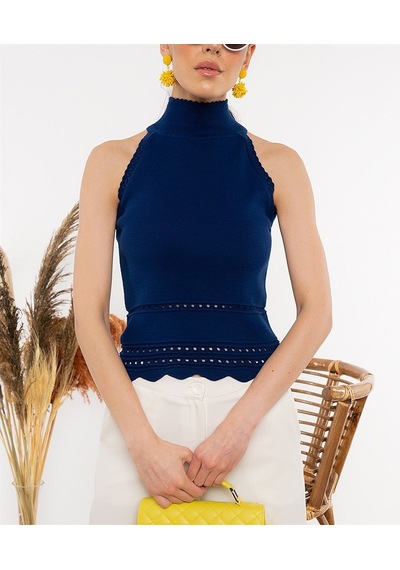 Aqe Fashion Kadın Saks Mavisi Halter Yaka Dantel Detaylı Bluz-Saks