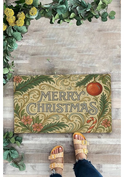 Valerine Life Çiçek Süslemeli Krem Merry Christmas Welcome Hoş Geldiniz Kapı Önü Paspası 45x70cm Kahverengi