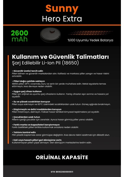 Sunny Hero Extra Uyumlu 2600mah Robot Süpürge Bataryası -  Kapasite
