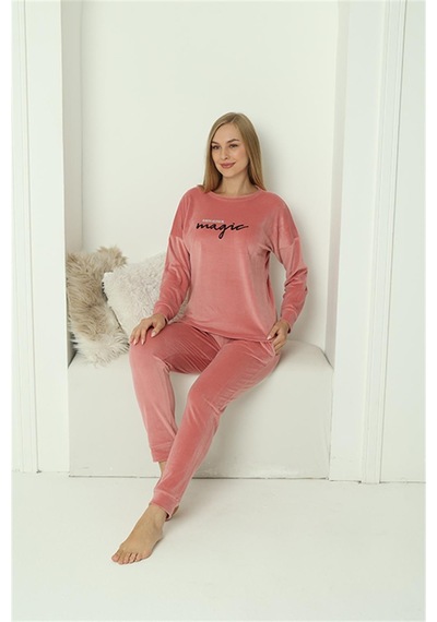 Akbeniz Kadın Kadife Pembe Pijama Takım 20624 - L Pembe