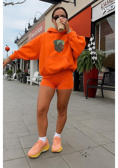 Benroma 3 İplik Penye Money Baskılı Sweatshırt Turuncu