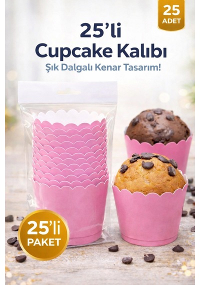 Cupcake Kalıbı & Kek Kapsülü & Muffin Kek Kalıbı & 25 Adet - Pembe Kek Kalıbı Pembe